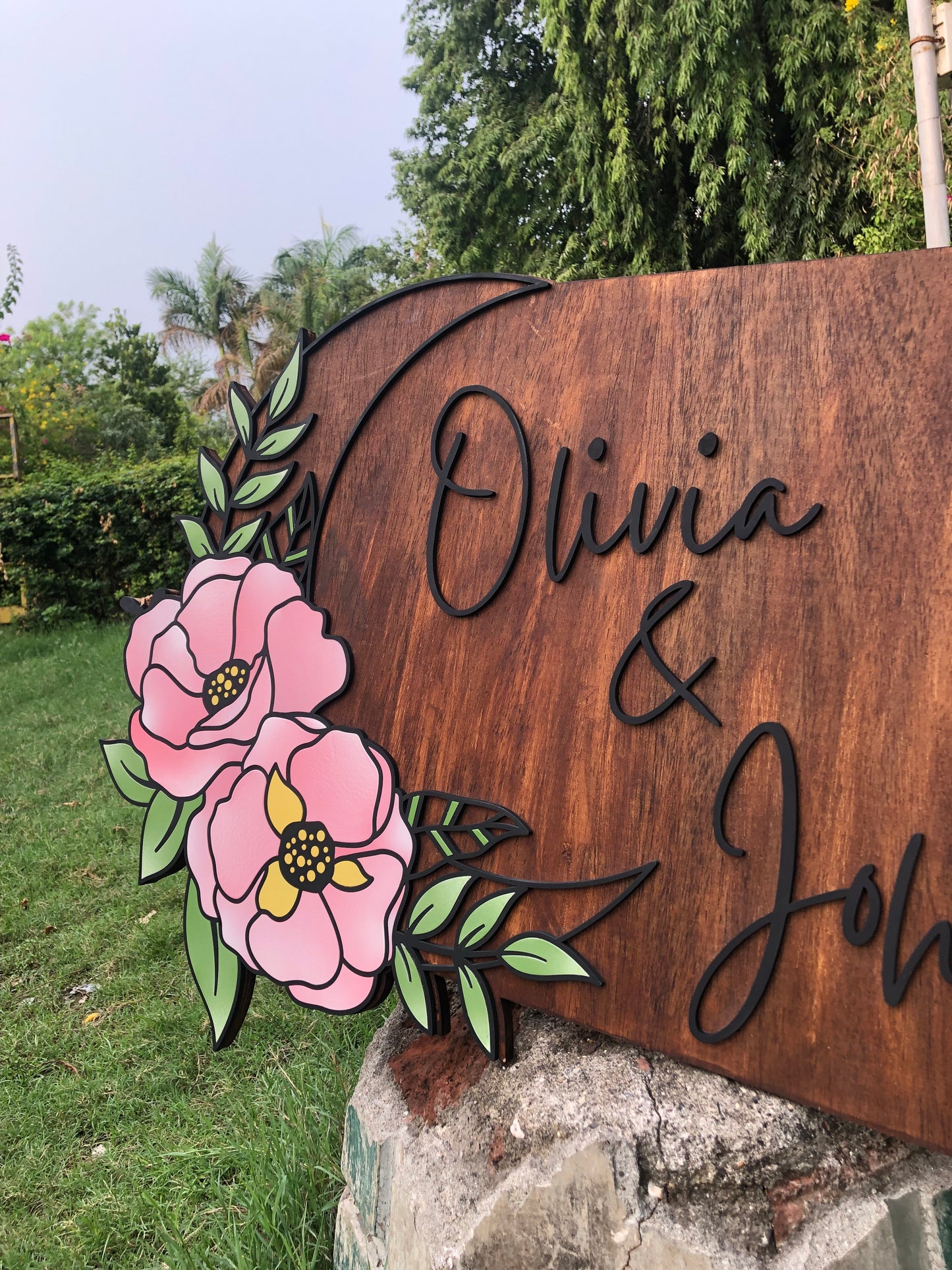 Beautiful Moon with Floral Art – 3D Custom Name Sign